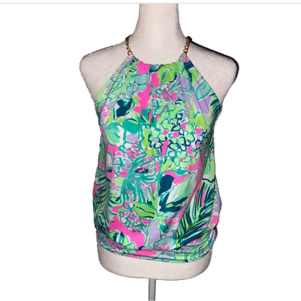 Lilly Pulitzer Pink and Green Floral Halter Top